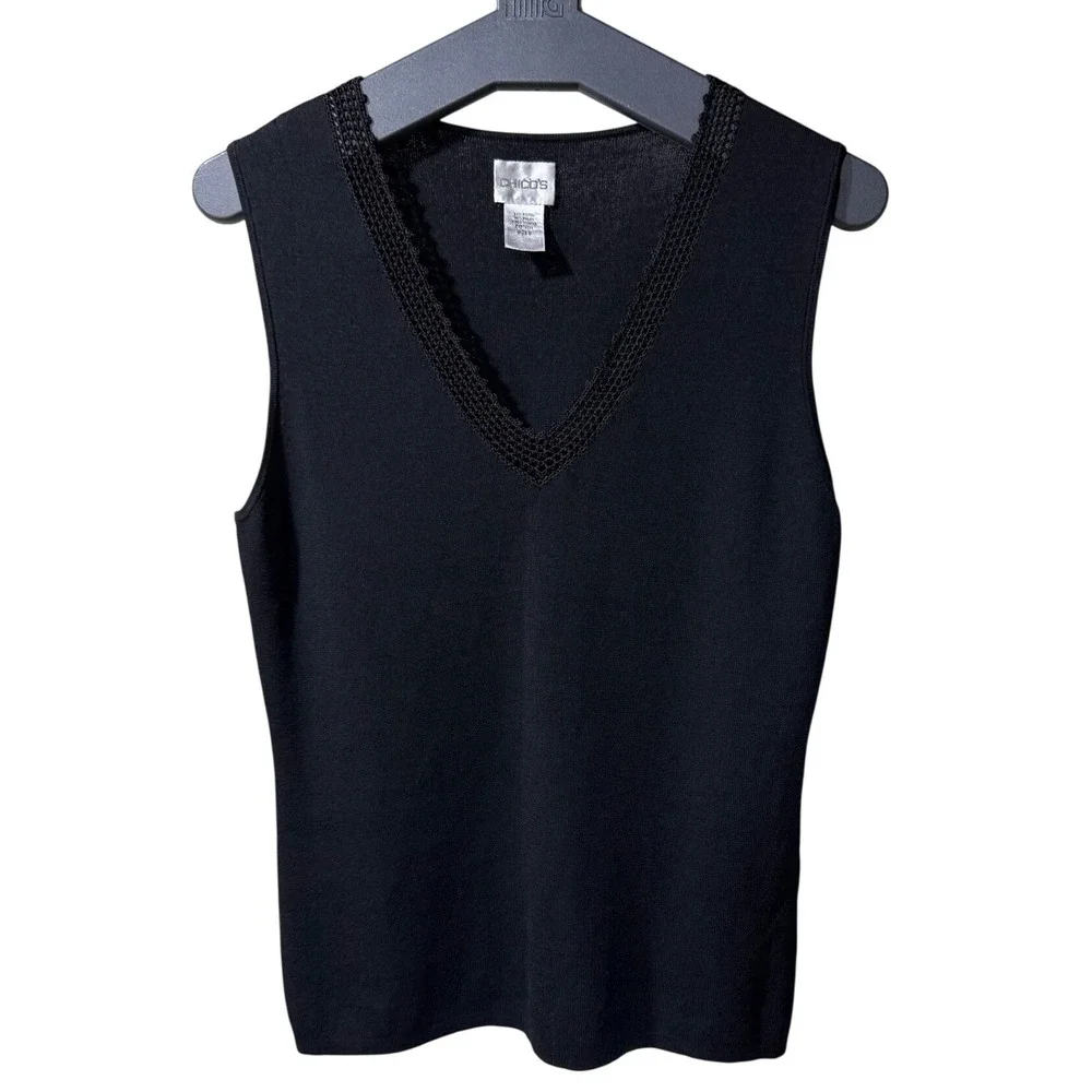 Chico's Size 2 Black Sleeveless V Neck Crochet Trim Knit Tank Top Classic Chic